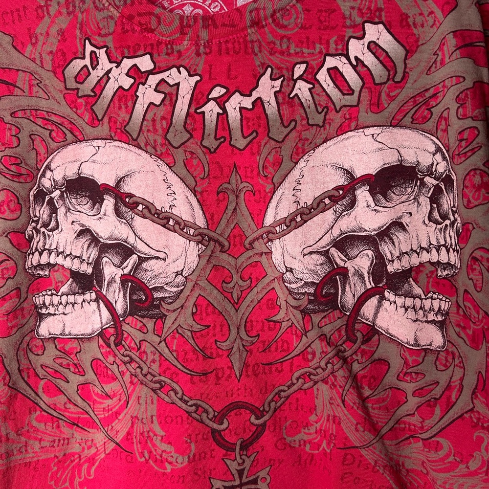 Affliction Crimson Red T-Shirt with Bold Skull Graphic